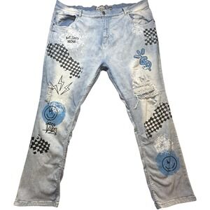 Another Hype Piece Jeans Mens 44x31 Light Wash Blue Distressed Good Vibes Denim